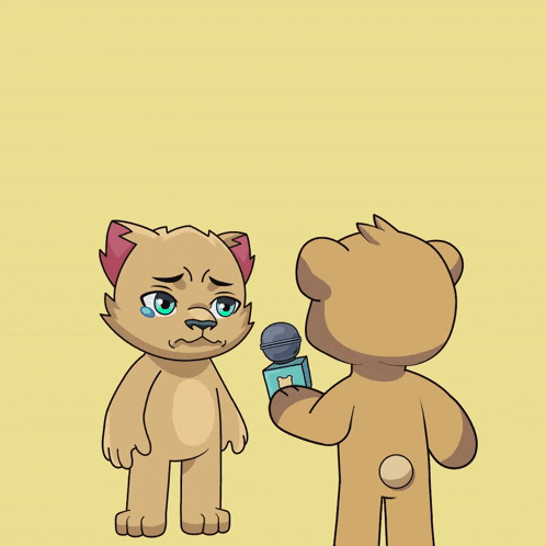 a cartoon of a teddy bear holding a microphone and talking to a sad cat