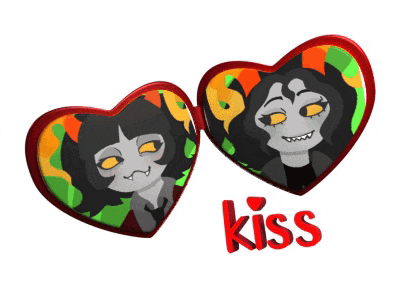 two hearts with cartoon characters on them and the word kiss in red