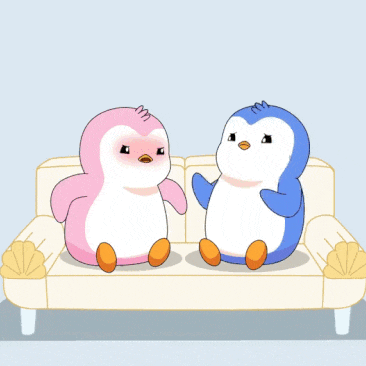 two penguins are sitting on a couch one is eating a hamburger and the other is drinking milkshake