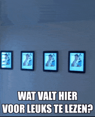 a man sitting in front of a wall of pictures with the caption wat valt hier voor leuks te lezen ?