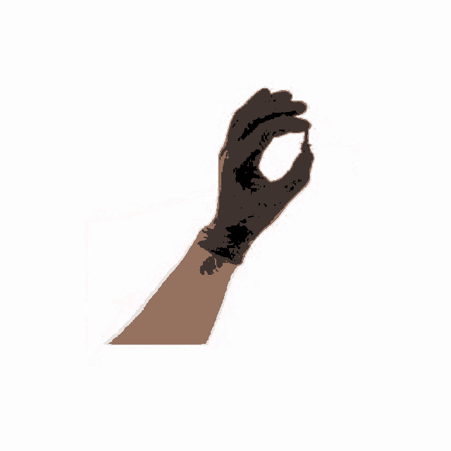 a person is wearing a black glove with their hand up .