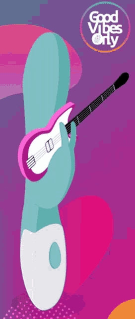 an illustration of a rabbit holding a guitar with the words good vibes only in the corner