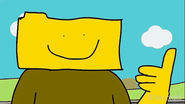 a cartoon character with a yellow folder on his head is giving a thumbs up sign .
