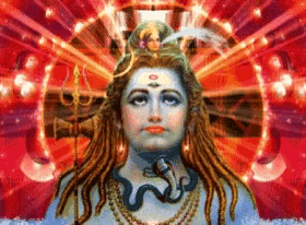 a painting of shiva with a trident and a snake around his neck