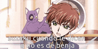 a purple cat standing next to a boy with the words suzaku cuando le dicen a no es de benja
