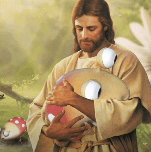 a painting of jesus holding a stuffed frog