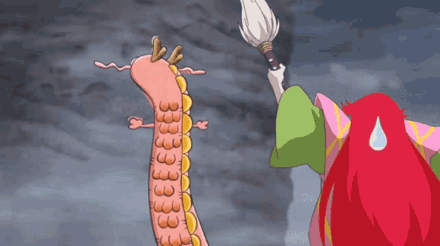 a cartoon character with a brush standing next to a dragon