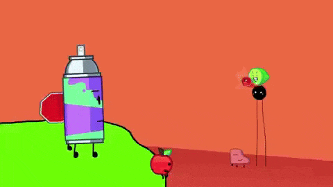 a spray can with arms and legs is standing next to an apple and a balloon .