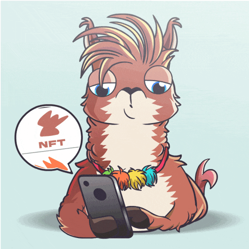 a cartoon llama holding a cell phone with a speech bubble that says nft on it