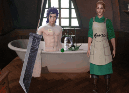 a woman wearing an apron that says kiss me is standing next to a man in a bathtub