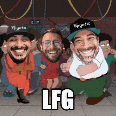 a cartoon of a group of men with the word lfg in the middle