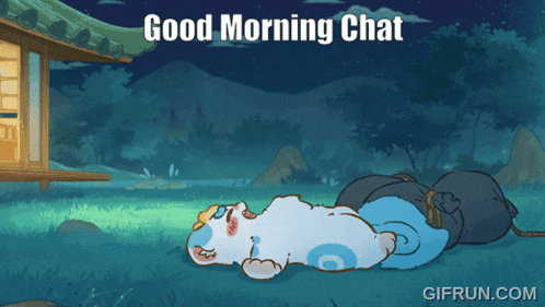 a cartoon of a cat laying in the grass with the words " good morning chat "