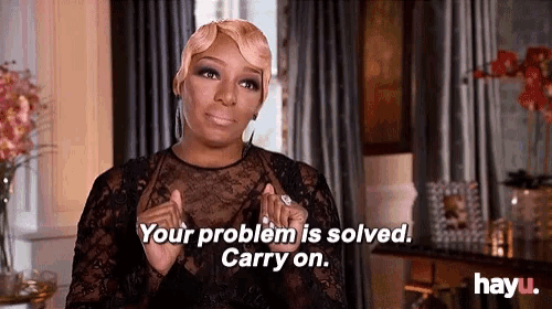 a woman in a black lace top says your problem is solved carry on