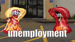 two bags of potato chips in a parking lot with the word unemployment written below them