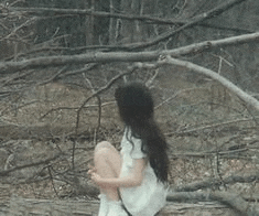 a girl in a white dress is sitting on a tree branch in the woods .