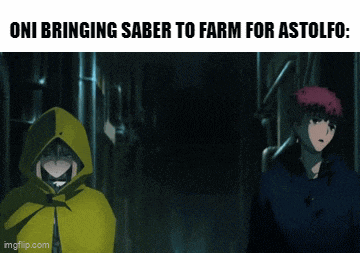 two anime characters are standing next to each other in a dark room with the caption " oni bringing saber to farm for astolfo "
