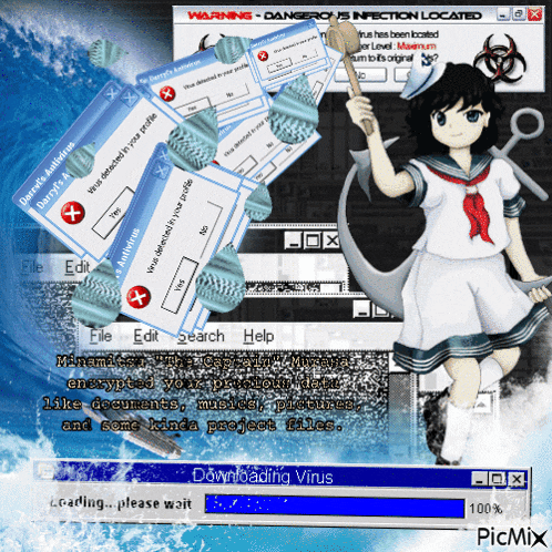 a girl in a sailor outfit is standing in front of a warning screen