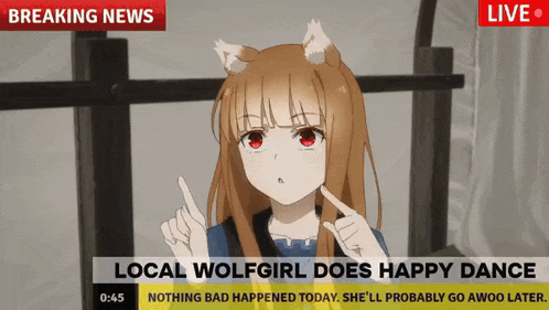 a cartoon of a girl with a wolf ear pointing at something