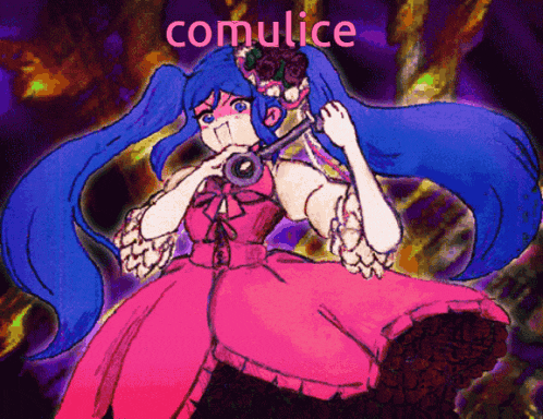 a drawing of a girl in a pink dress with the word comulice written above her
