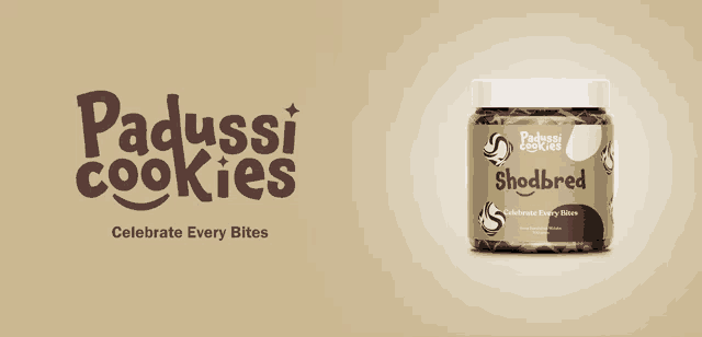 a jar of shodbreed cookies sits next to a padussi cookies logo
