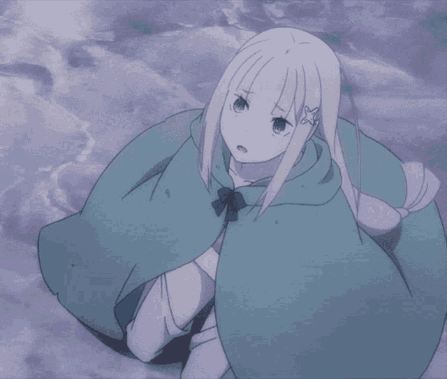 a girl with white hair and a blue cape is looking down