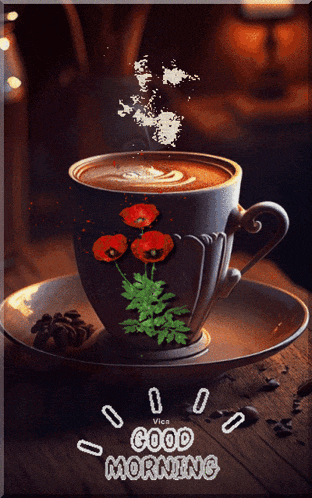 a cup of coffee sits on a saucer with the words good morning written on it