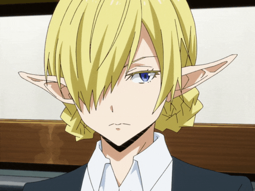 a girl with blonde hair and blue eyes is wearing a white shirt and a black suit