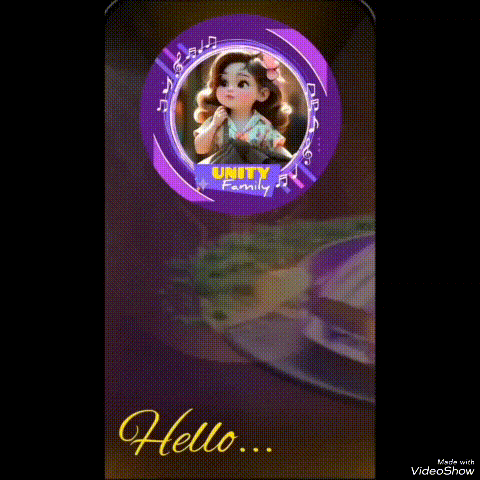 a purple circle with a picture of a little girl and the words `` hello ''