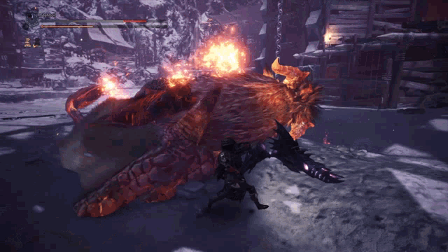 a video game is being played with a monster that is on fire