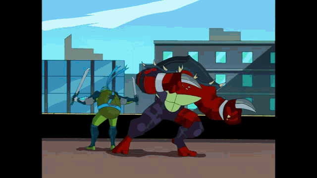 a cartoon of two ninja turtles fighting each other