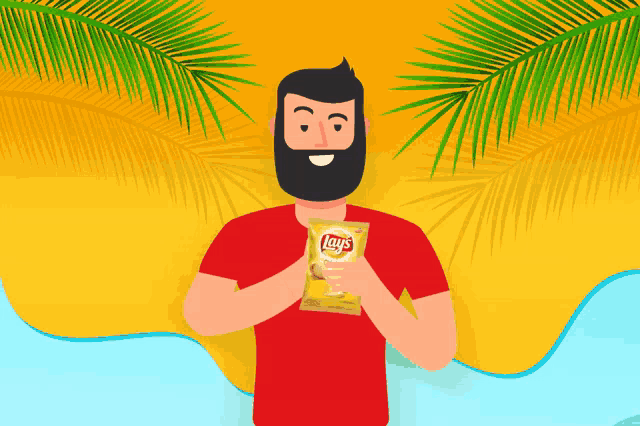 a man with a beard holds a bag of lays chips