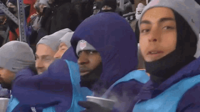 a group of people sitting in a stadium wearing purple and blue jackets and hats