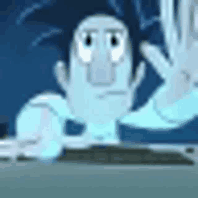 a cartoon character is waving at the camera while sitting on a desk .