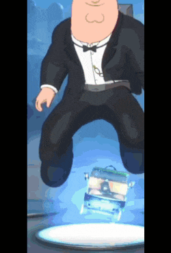 a cartoon character in a tuxedo jumps over a box