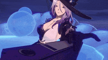 a woman with purple hair and a black hat holds a box