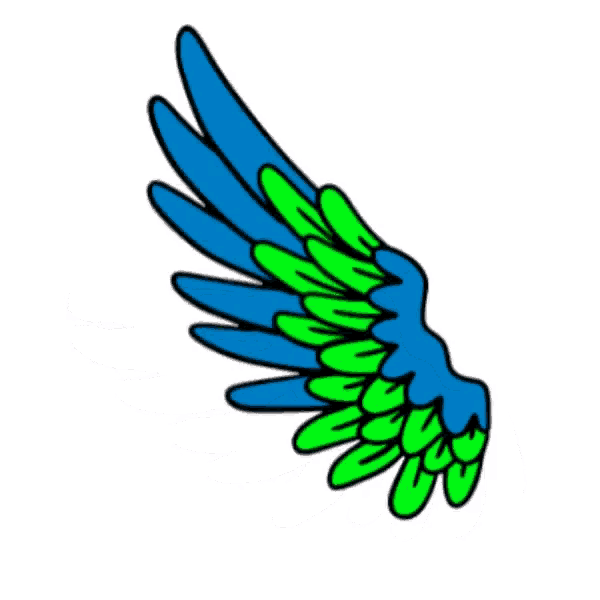 a blue and green wing is against a white background