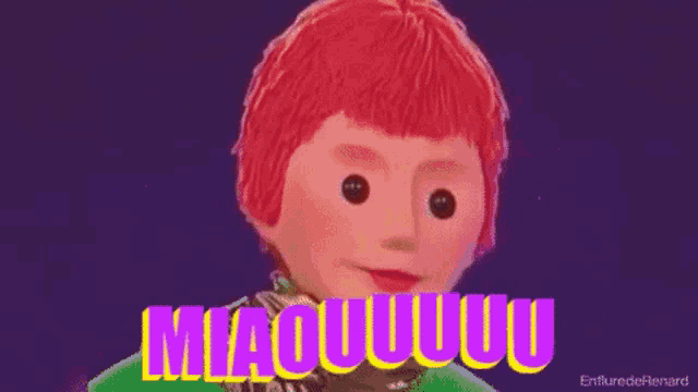 a cartoon character with red hair is making a funny face and says miaouuouu .