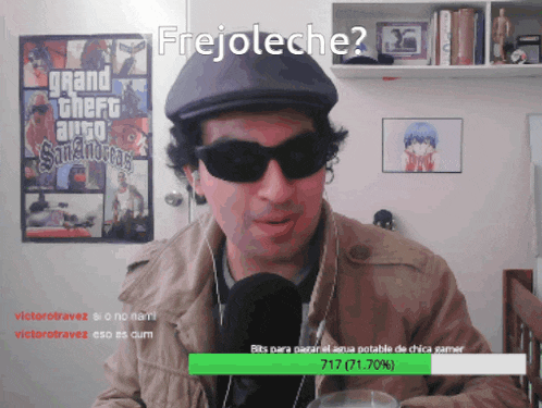a man wearing sunglasses and a hat says " frejoleche "