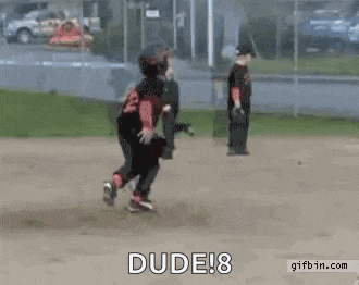 a young boy is jumping in the air while playing baseball on a field with the words `` dude ! 8 '' .
