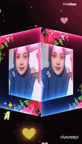 a woman in a hijab is displayed in a 3d cube with flowers and hearts
