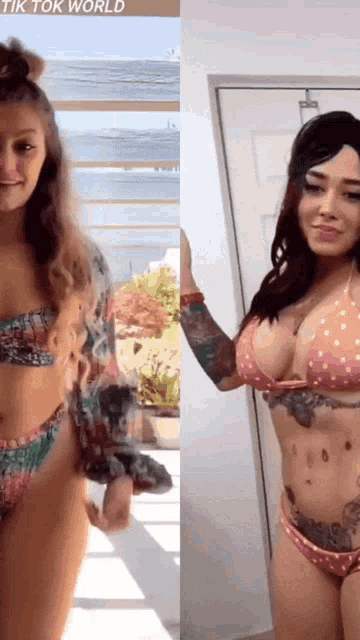 a woman in a bikini is standing next to another woman in a bikini ..
