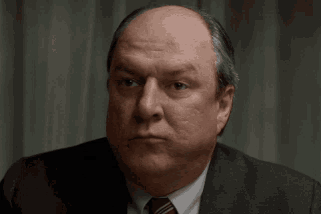 a balding man in a suit and tie looks at the camera