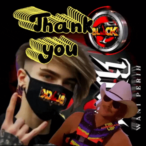 a man wearing a mask says thank you in yellow letters