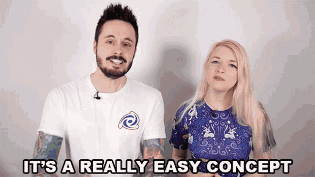 a man and a woman are standing next to each other with the words " it 's a really easy concept "