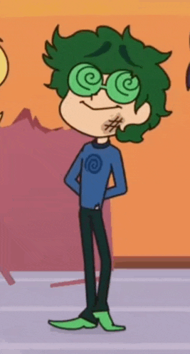 a cartoon character with green hair and glasses is wearing a blue sweater and green shoes .