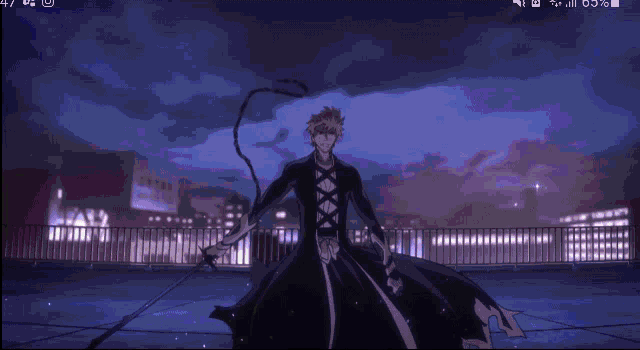 a man in a black dress is holding a sword in front of a city