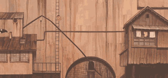 a drawing of a building with a ladder and clothes hanging on the side