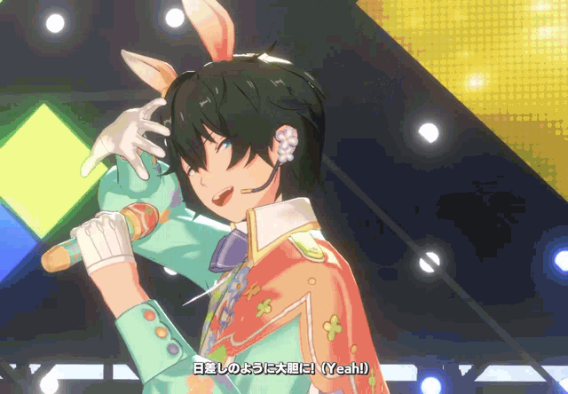 a cartoon character singing into a microphone with a bunny ear