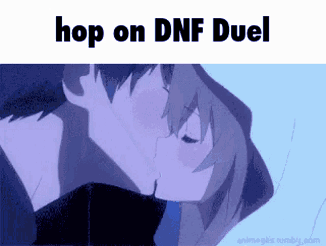 a couple of anime characters kissing with the words hop on dnf duel