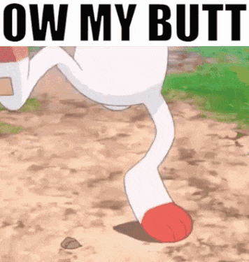 a cartoon horse is running on a dirt path with the words `` ow my butt '' written above it .